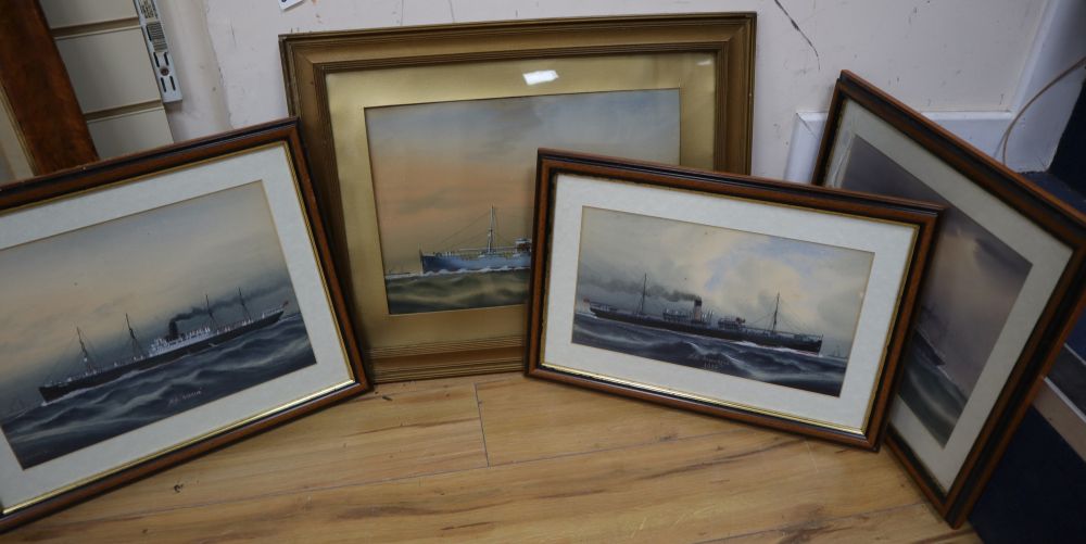 C. Kensington, four gouache and watercolour studies of steamships: SS Sutlej, SS Ashburton, SS Sachem and SS Ionic, largest 28 x 40cm